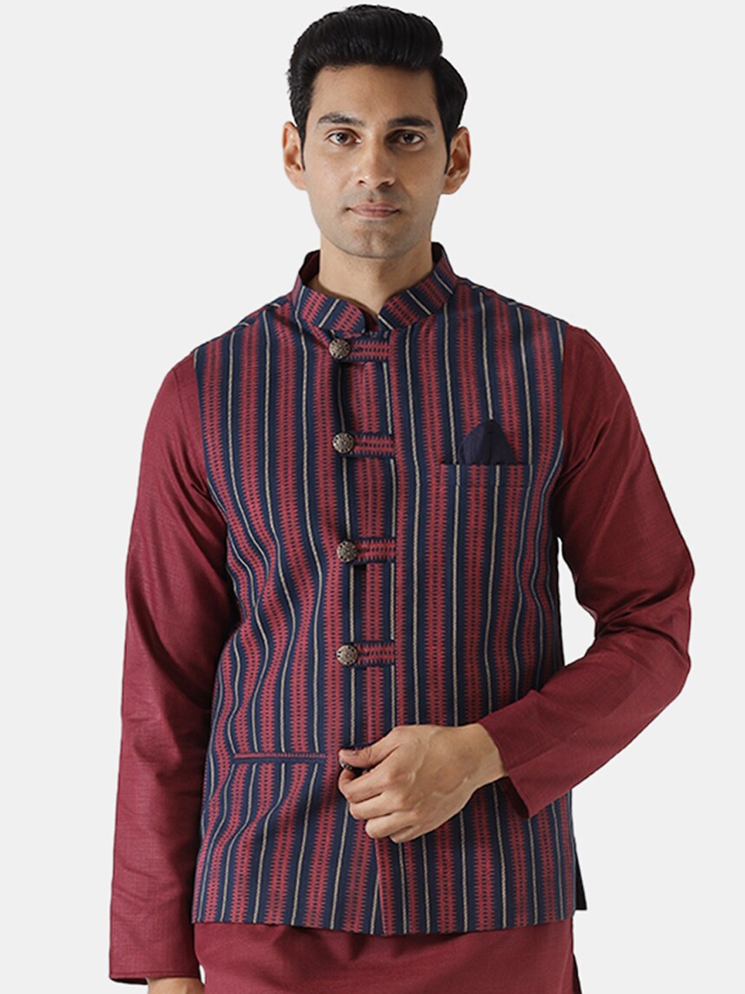 

KISAH Men Red & Blue Striped Woven Nehru Jacket