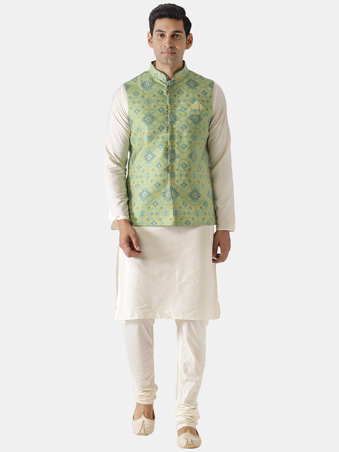 

KISAH Men Green Woven Design Nehru Jacket