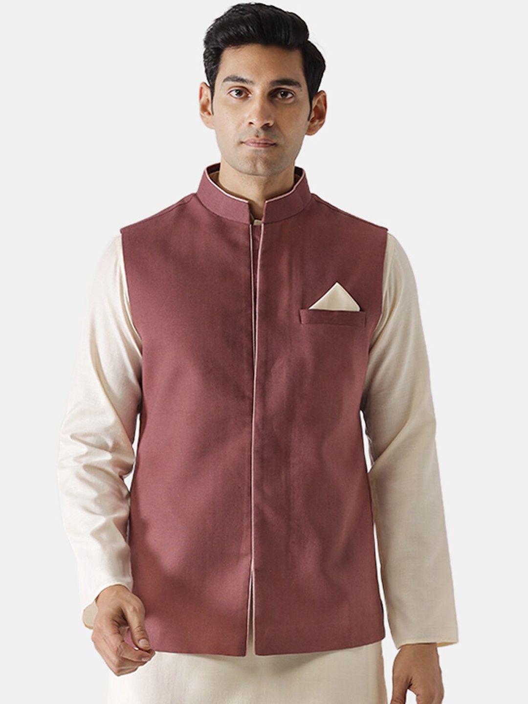 

KISAH Men Burgundy Solid Woven Nehru Jacket