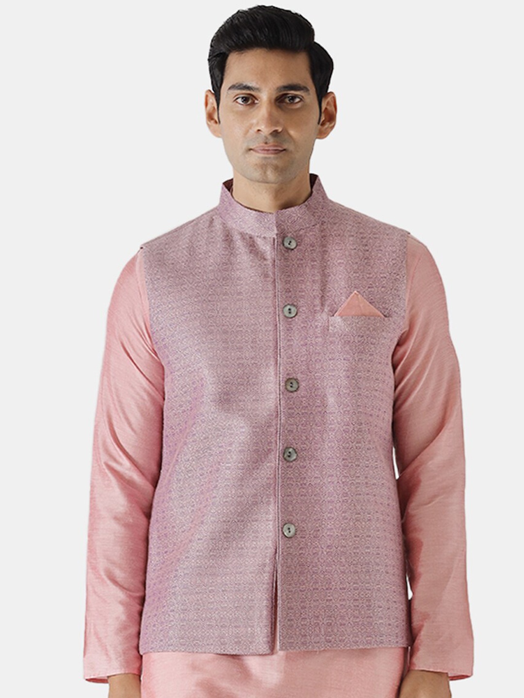 

KISAH Men Pink Printed Woven Nehru Jacket
