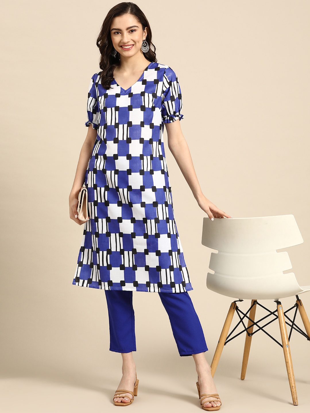 

Sangria Women Navy Blue & White Printed A-Line Kurta with Trousers