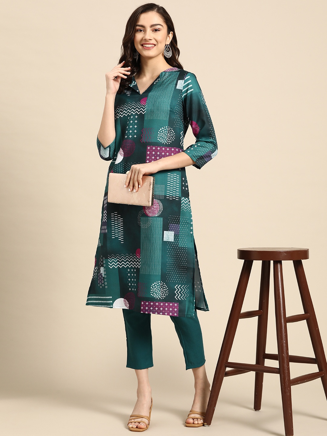 

Sangria Women Green & White Printed A-Line Kurta with Trousers