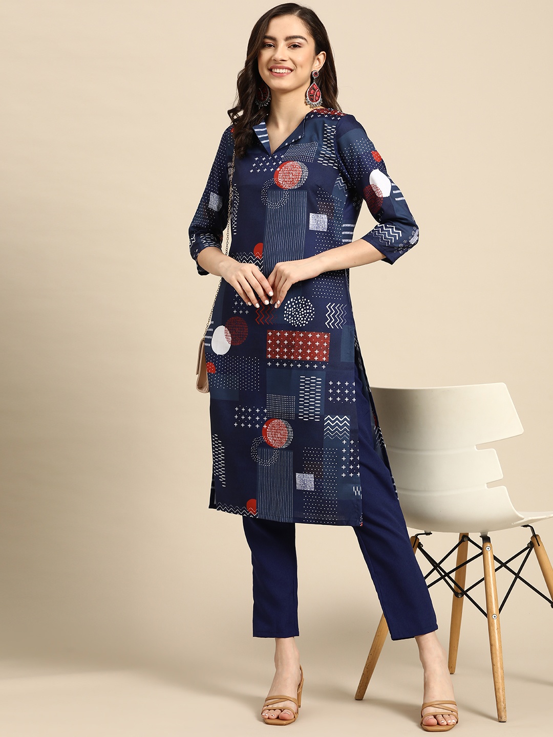 

Sangria Women Navy Blue Printed Kurta with Trousers