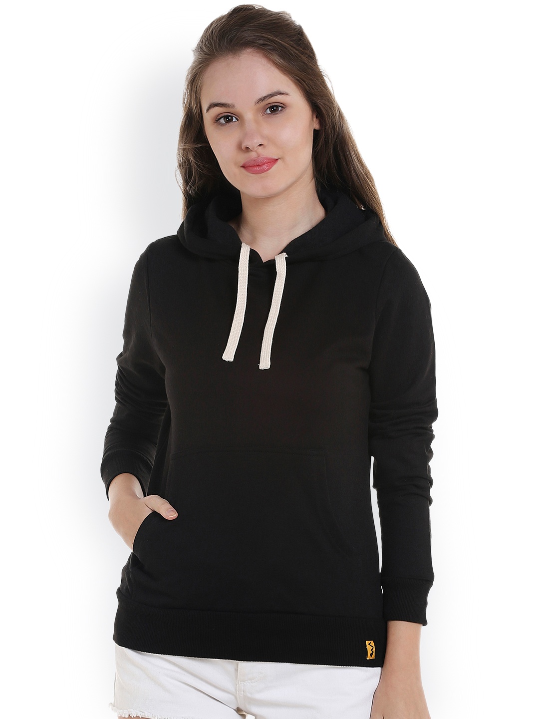 

Campus Sutra Women Black Solid Hooded Sweatshirt