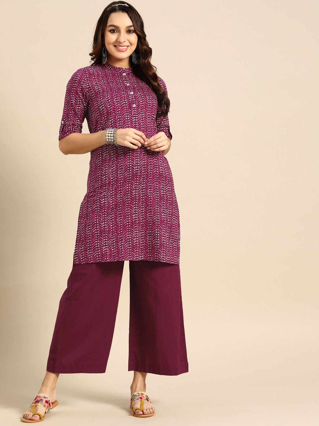 

Sangria Women Ethnic Motifs Printed Kurta with Palazzos, Purple