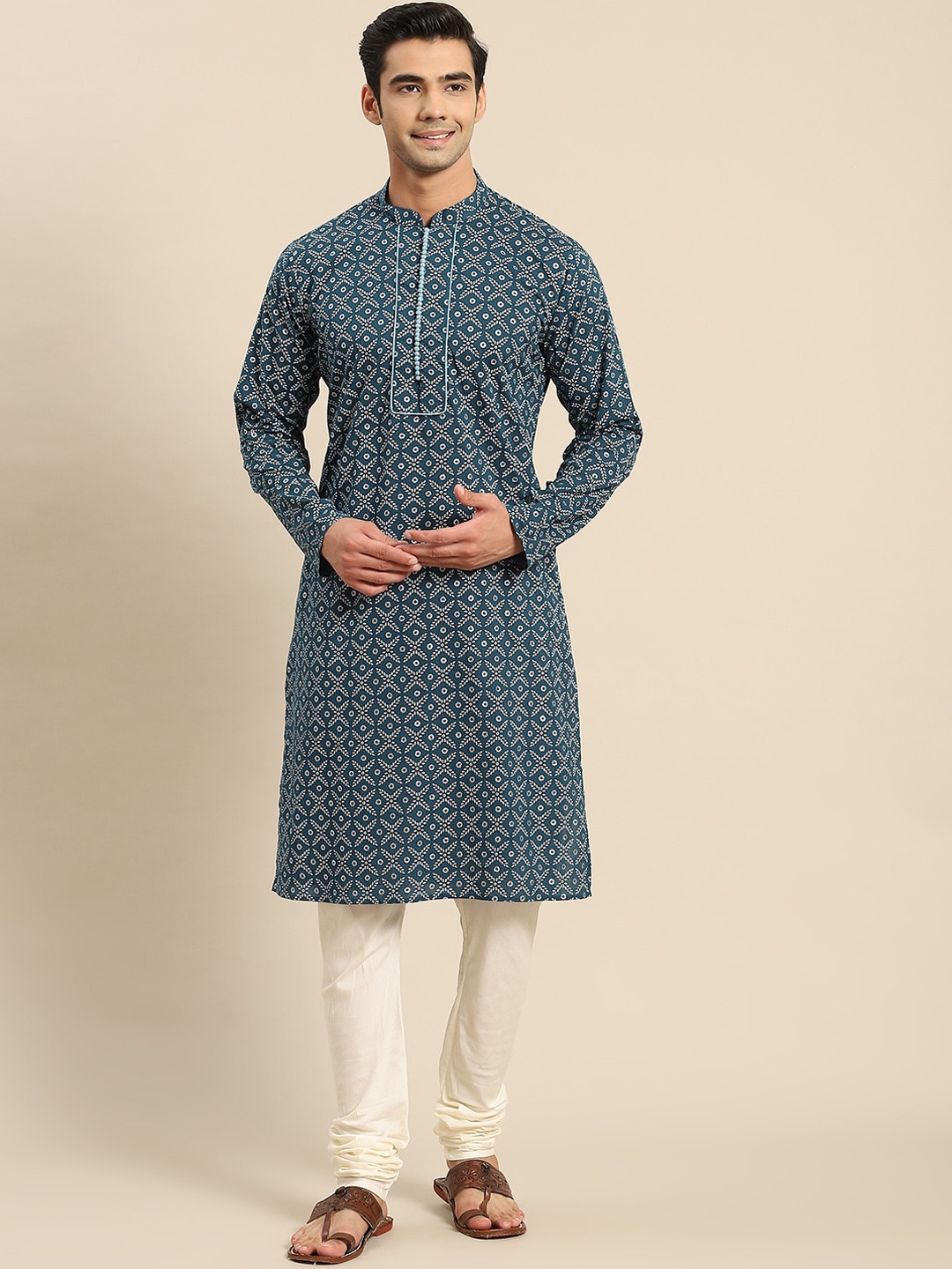 

KISAH Men Blue Geometric Printed Kurta