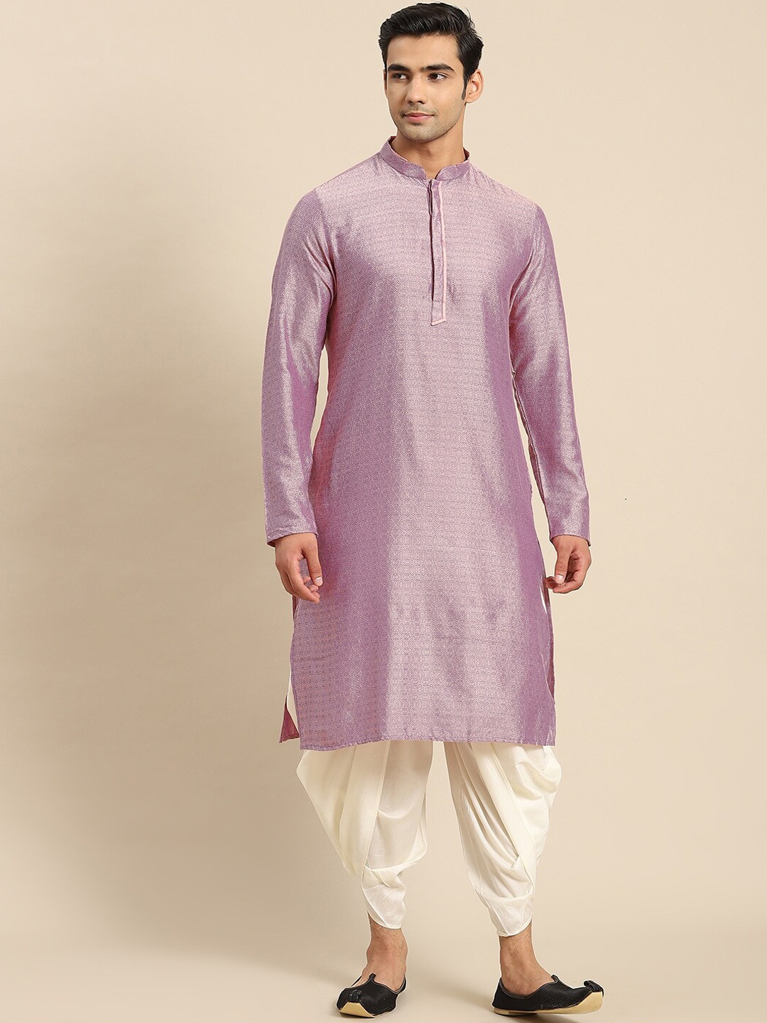 

KISAH Men Purple Geometric Woven Design Cotton Kurta