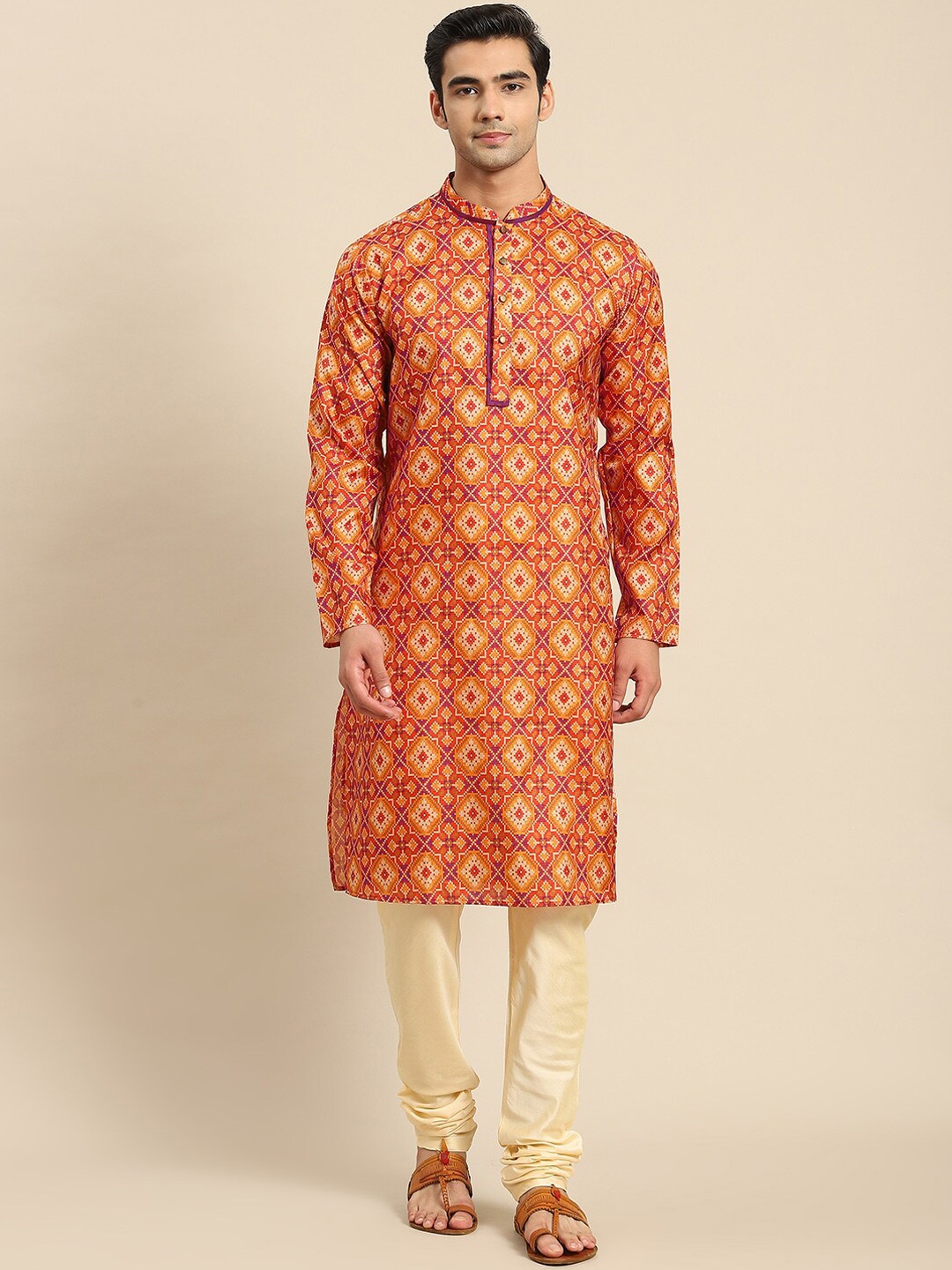 

KISAH Men Orange Geometric Printed Cotton Kurta
