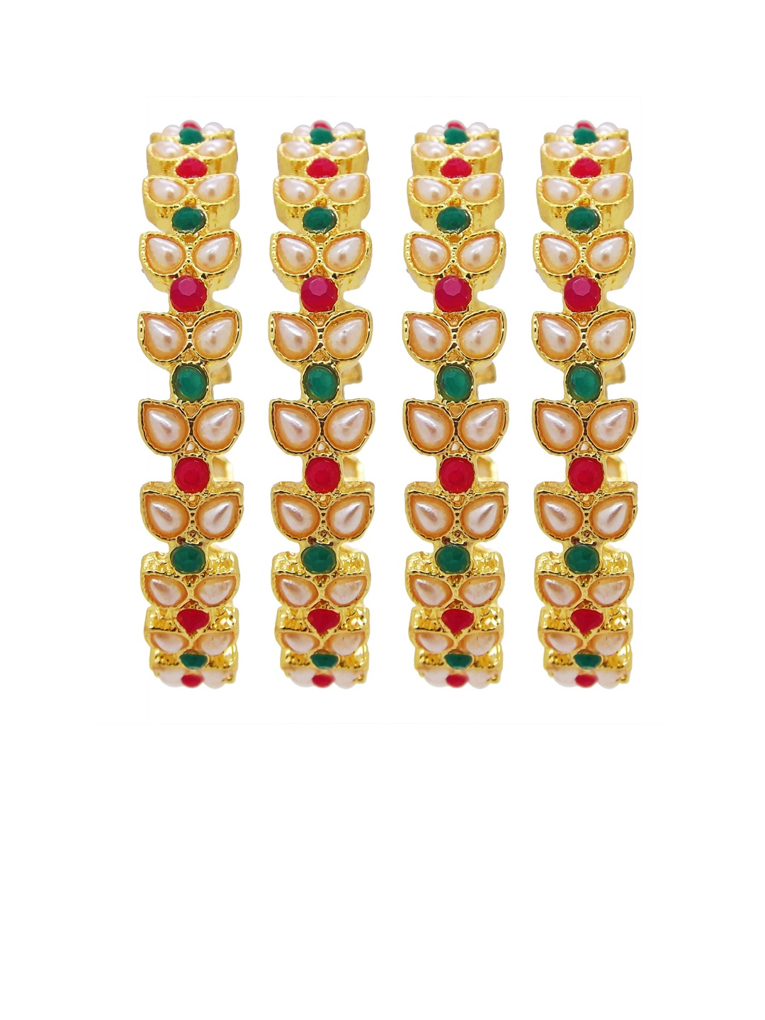 

FEMMIBELLA Set of 4 Gold-Plated Red & Green Stone-Studded Bangles