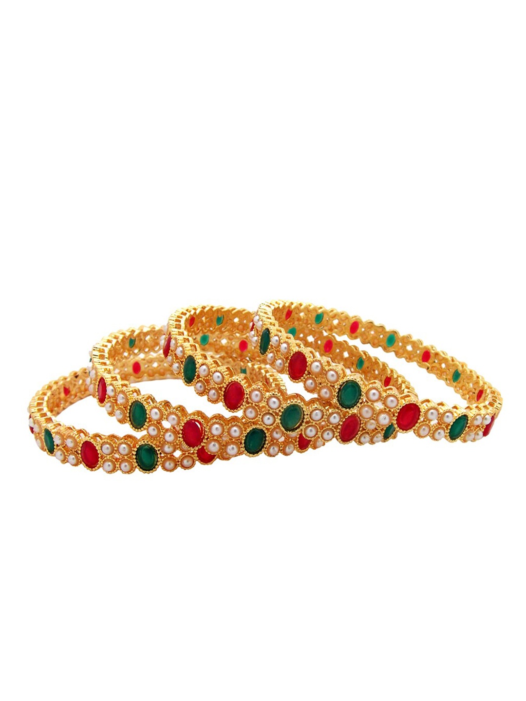 

FEMMIBELLA Set of 4 Gold-Plated & Toned Red & Green Artificial Stones Studded Textured Bangles