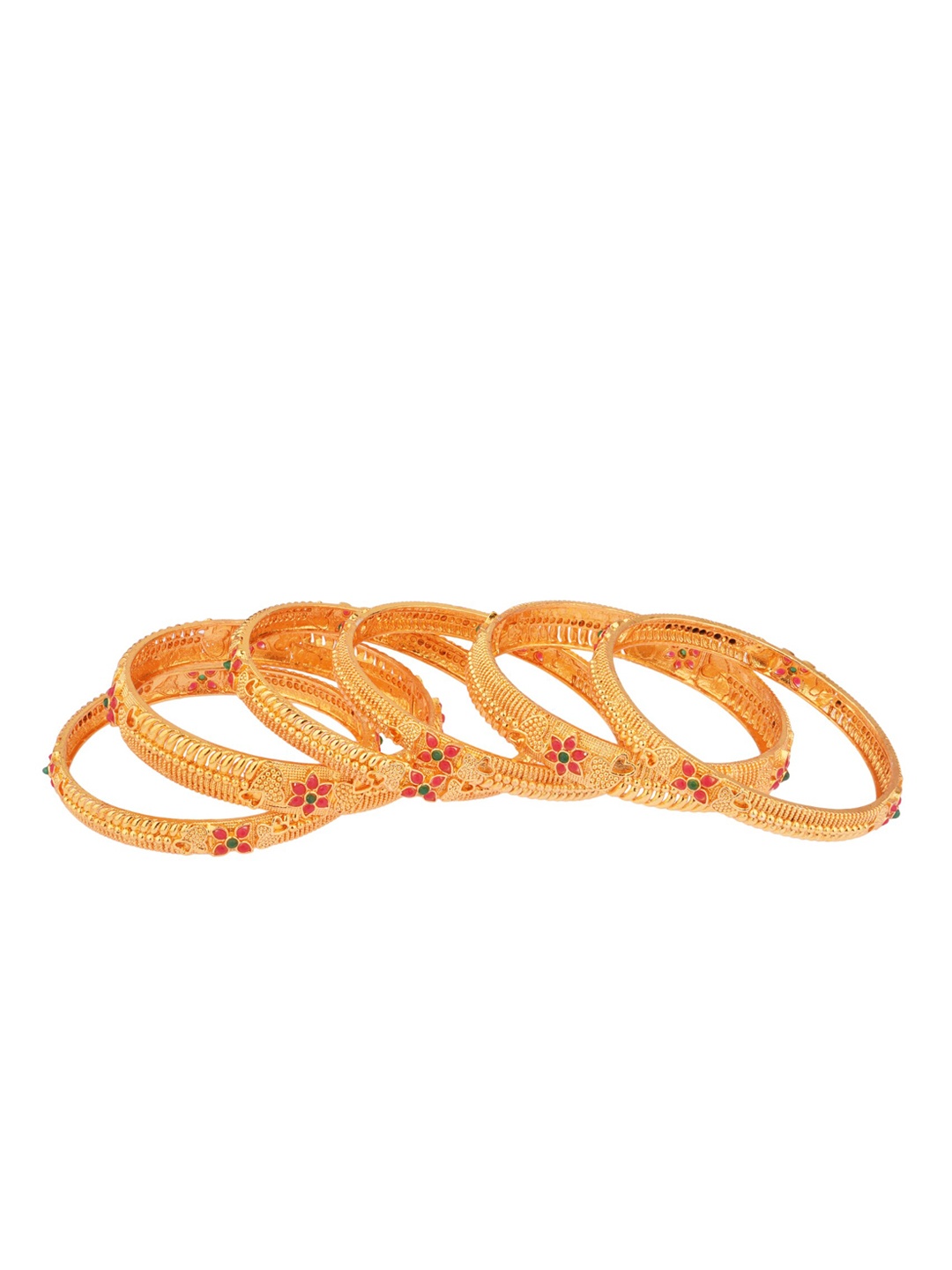 

FEMMIBELLA Set of 6 Gold-Plated Ruby & Green Meenakari Studded Bangles