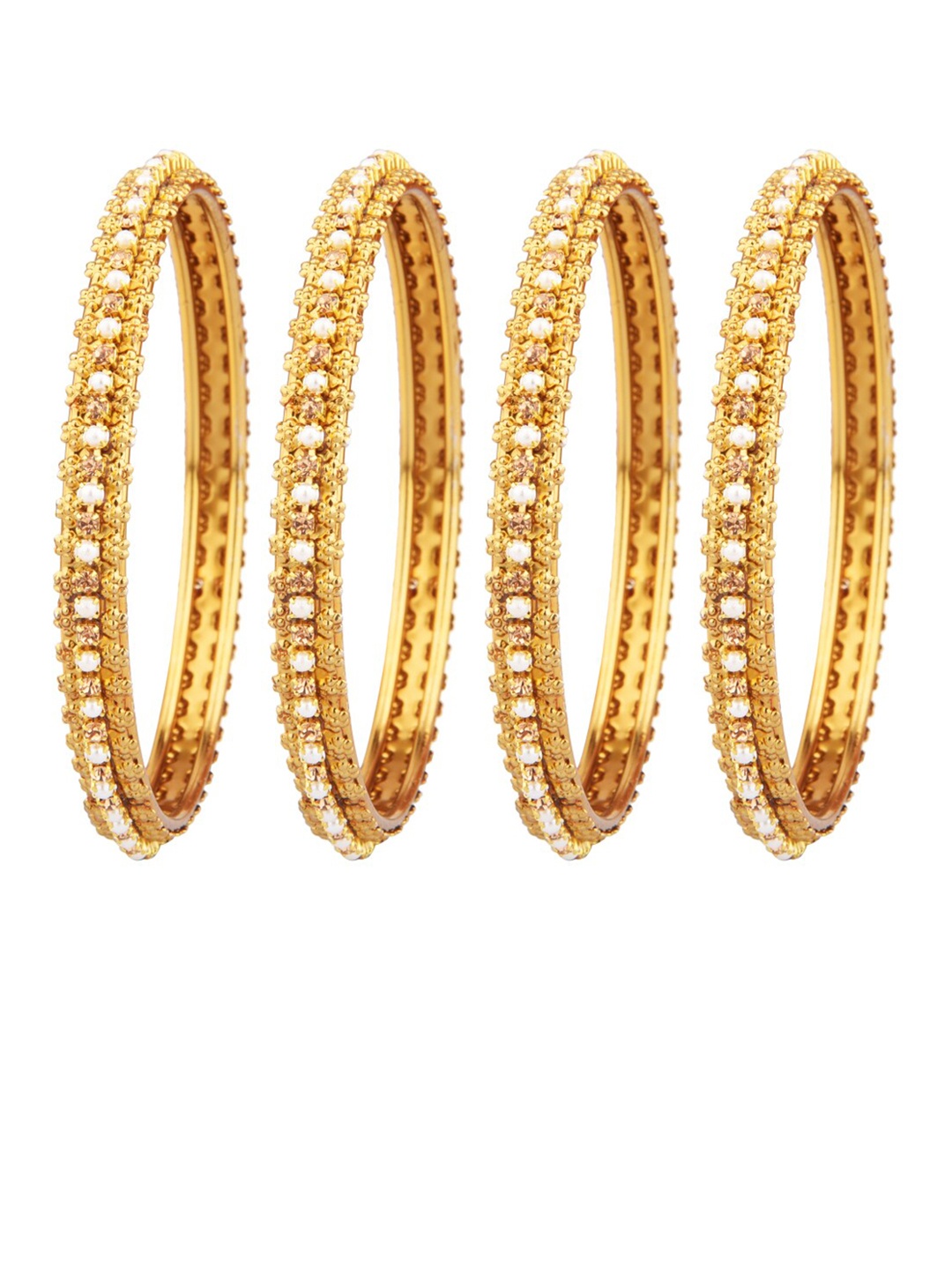 

FEMMIBELLA Set Of 4 Gold-Plated & White CZ-Studded & Beaded Bangles