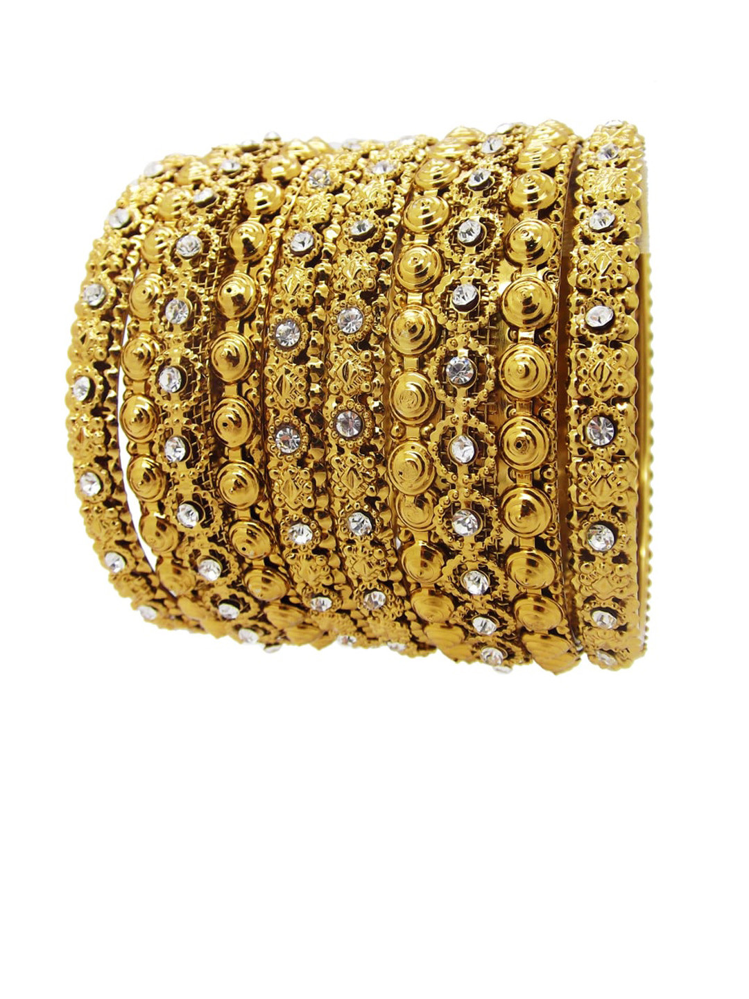 

FEMMIBELLA Set Of 6 Gold-Plated & Toned White CZ Studded Bangles