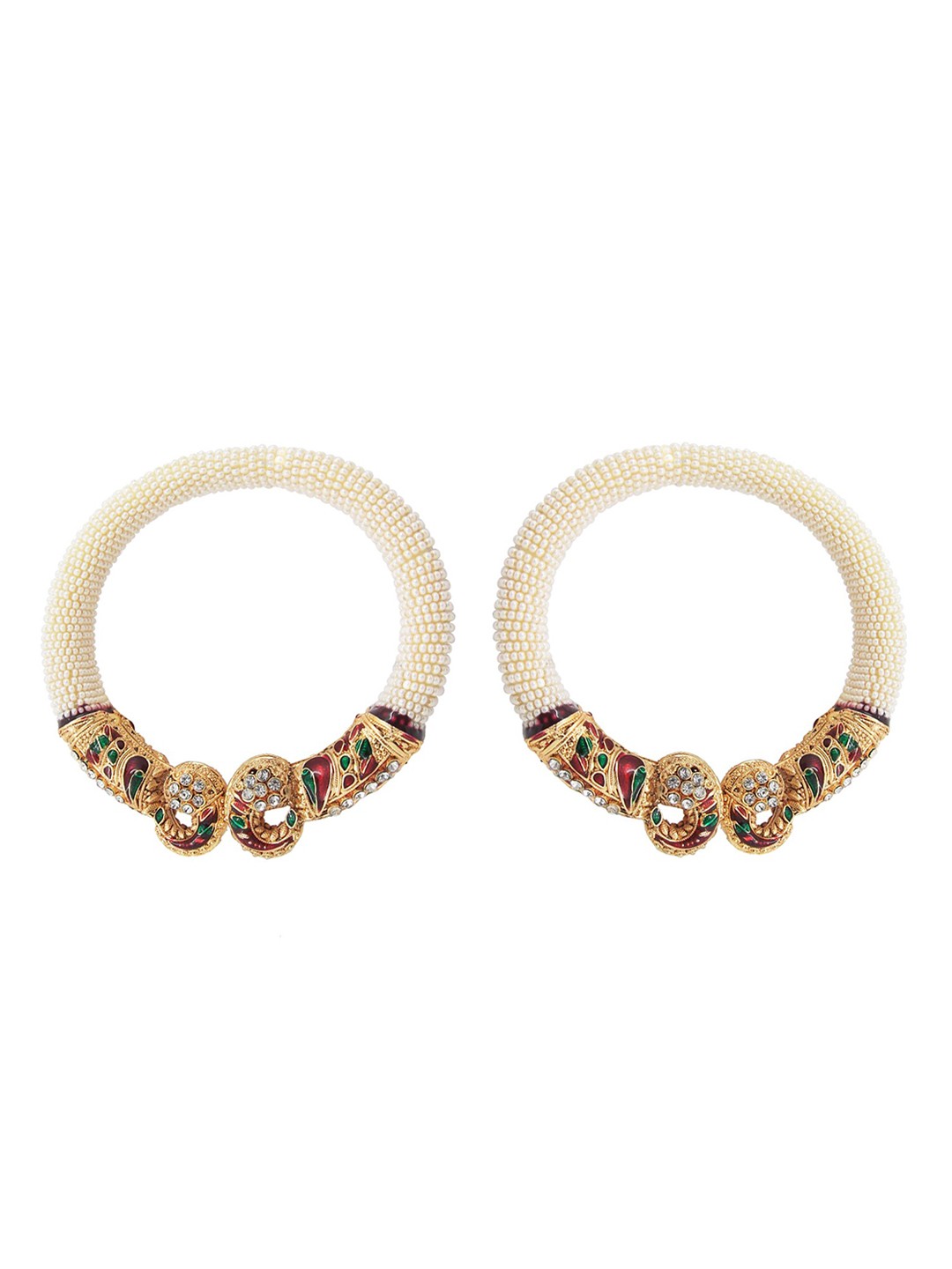 

FEMMIBELLA Set Of 2 Gold-Plated Red & Off White CZ-Studded & Beaded Bangles