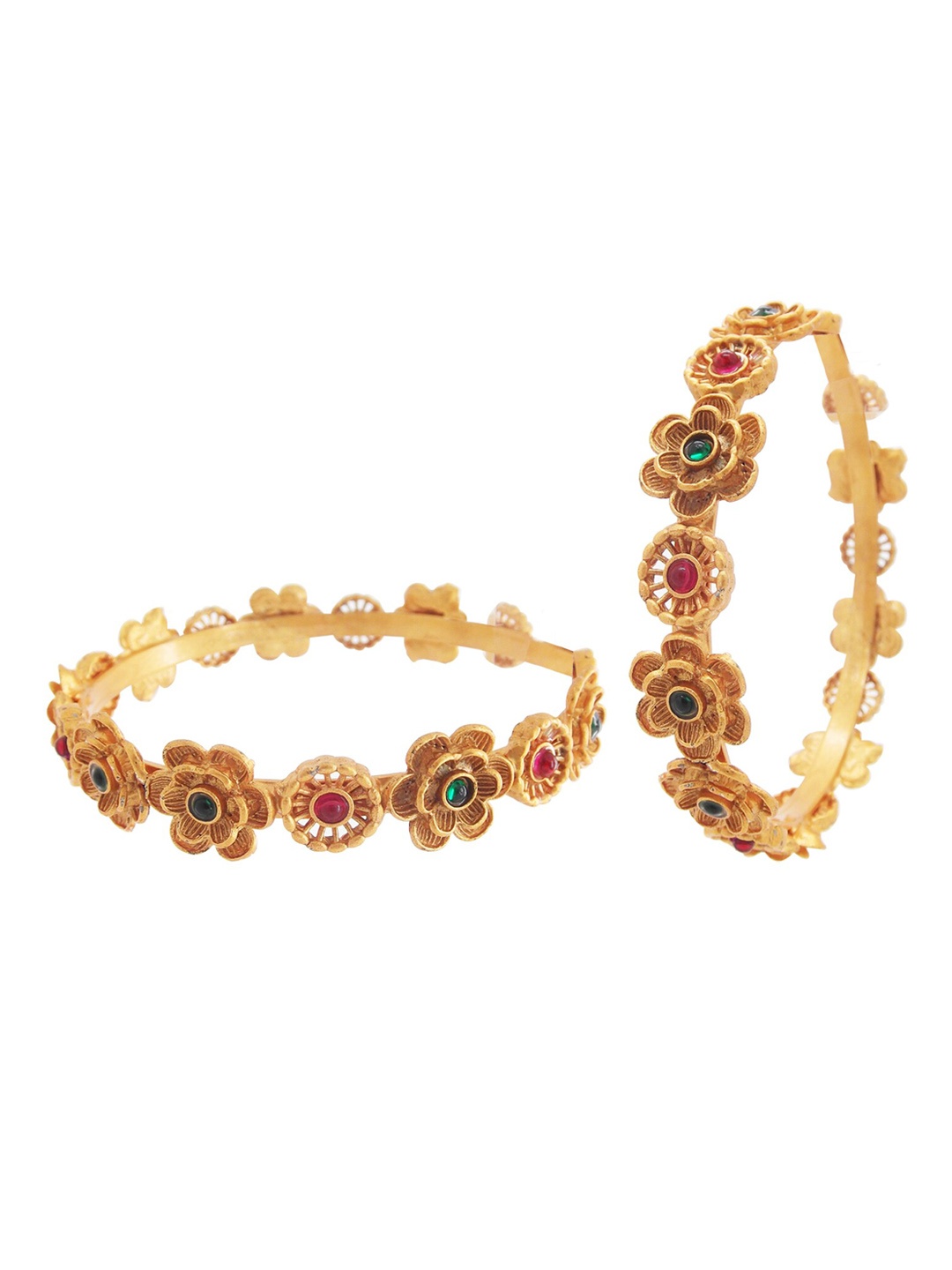 

FEMMIBELLA Set of 2 Gold-Plated Red & Green Stone-studded Bangles