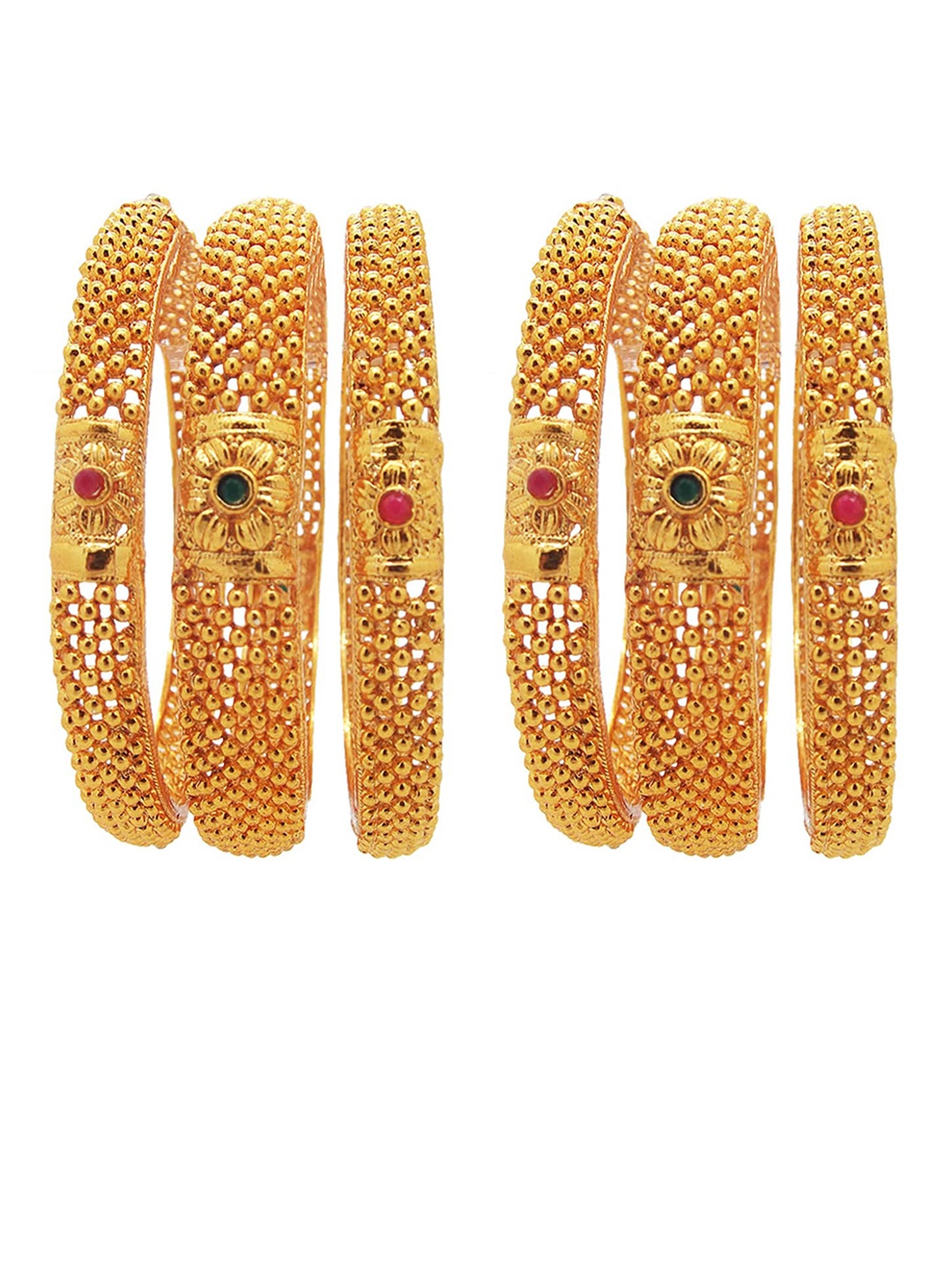 

FEMMIBELLA Set of 6 Gold-Plated Red & Green Stones Studded Bangles