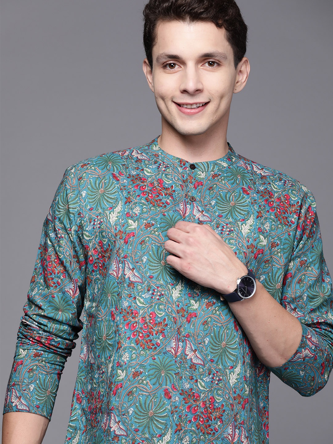 

Indo Era Men Teal & Pink Floral Printed Floral Kurta