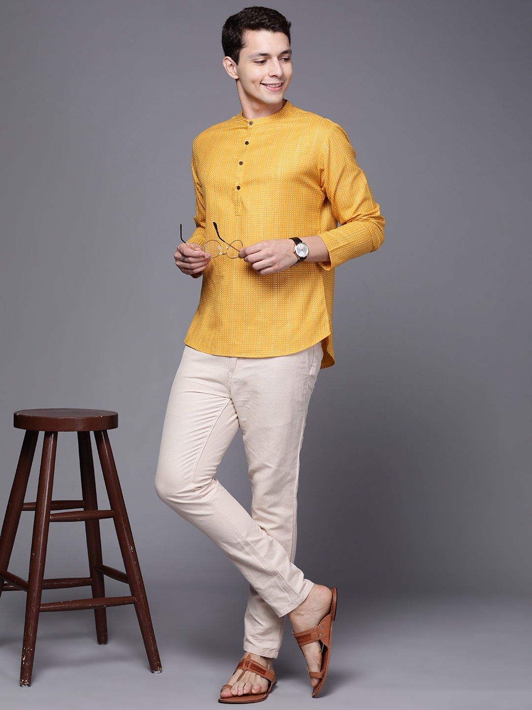 

Indo Era Men Mustard Yellow & Off White Cotton Printed Kurta