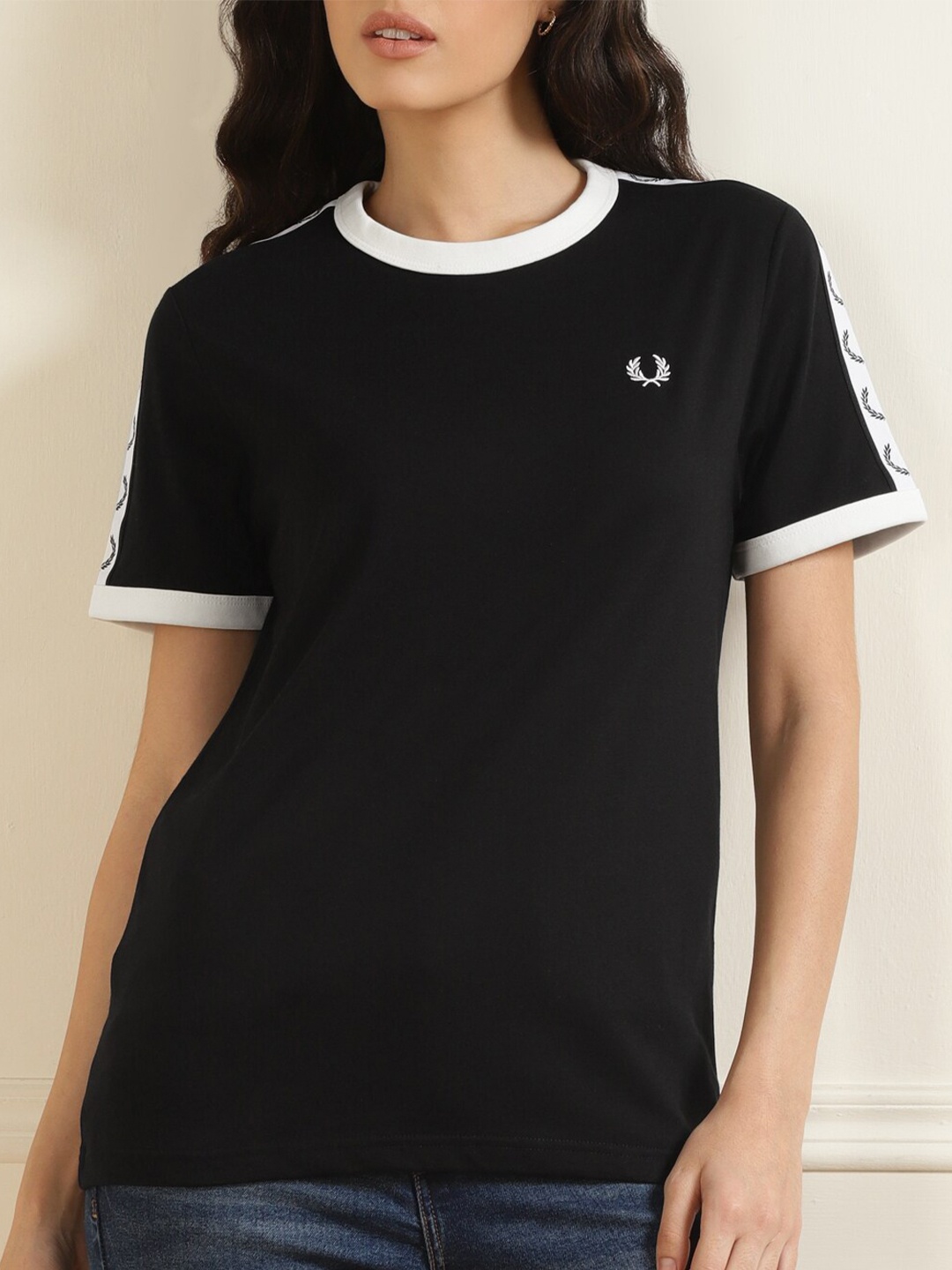 

Fred Perry Women Black & White Pure Cotton T-shirt