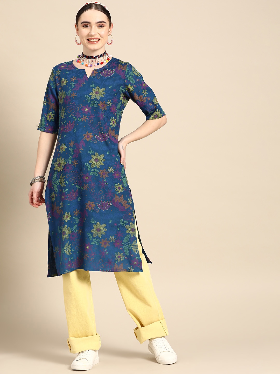 

Sangria Floral Print Straight Knee Length Kurta, Navy blue