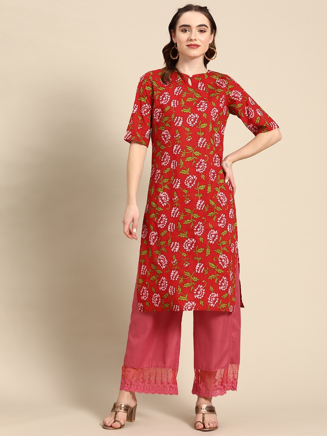

Sangria Floral Printed Boat Neck Straight Kurta, Red