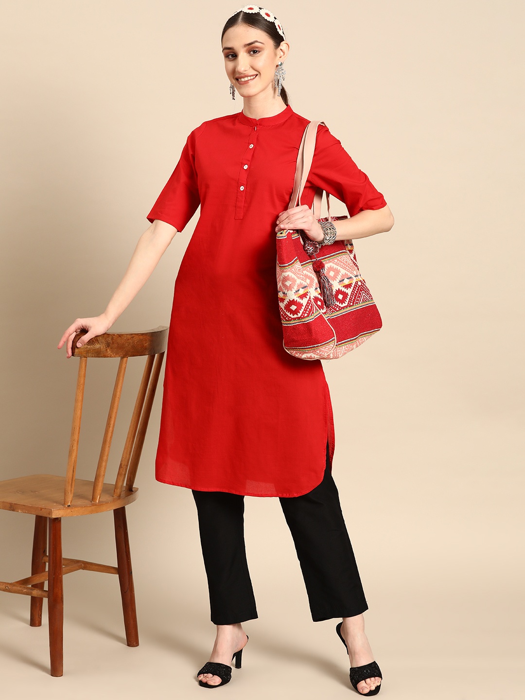 

Sangria Women Pure Cotton Floral Printed Kurta, Red