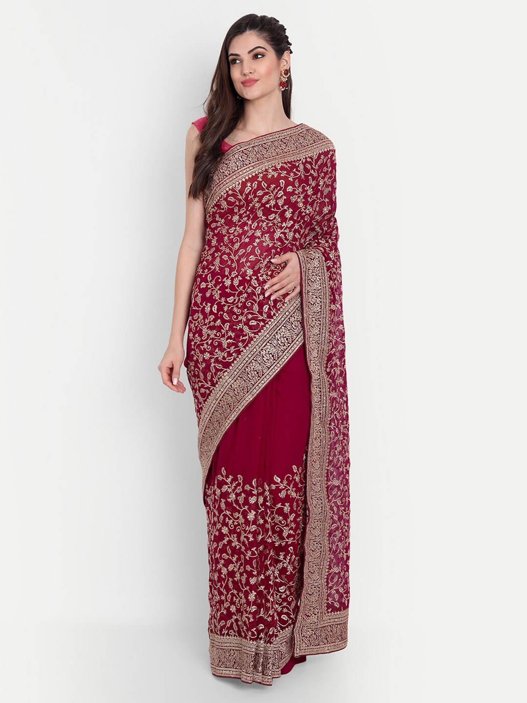 

kasee Maroon & Gold-Toned Floral Embroidered Heavy Work Saree