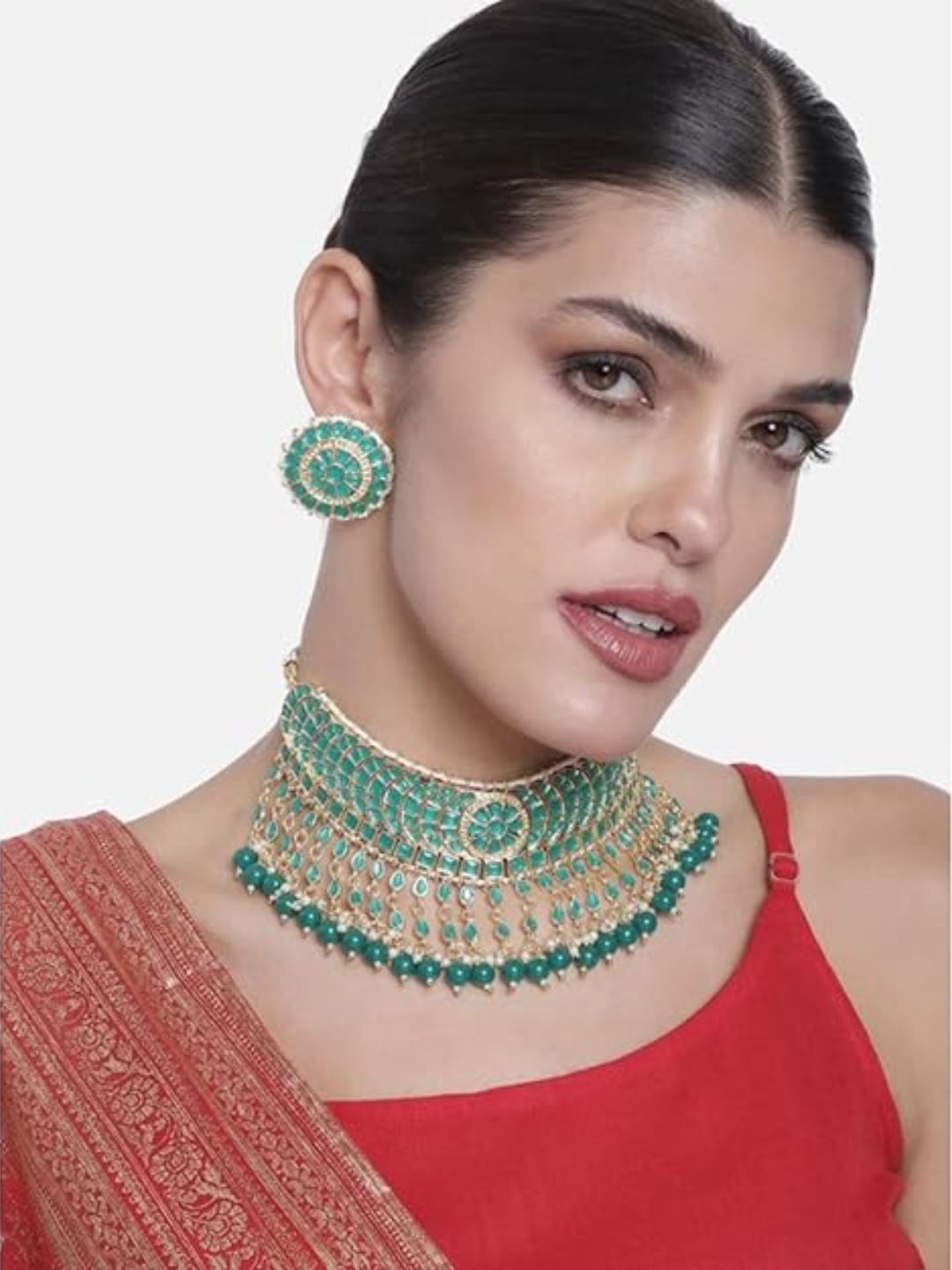 

I Jewels Gold-Plated & Green Kundan Jewellery Set