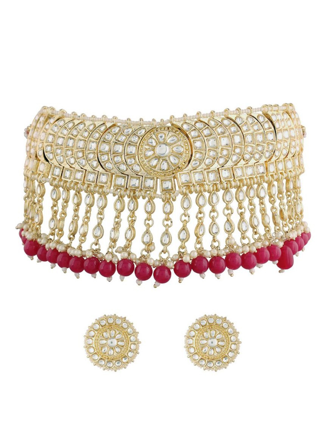 

I Jewels Gold-Plated Pink Kundan-Studded & Beaded Jewellery Set