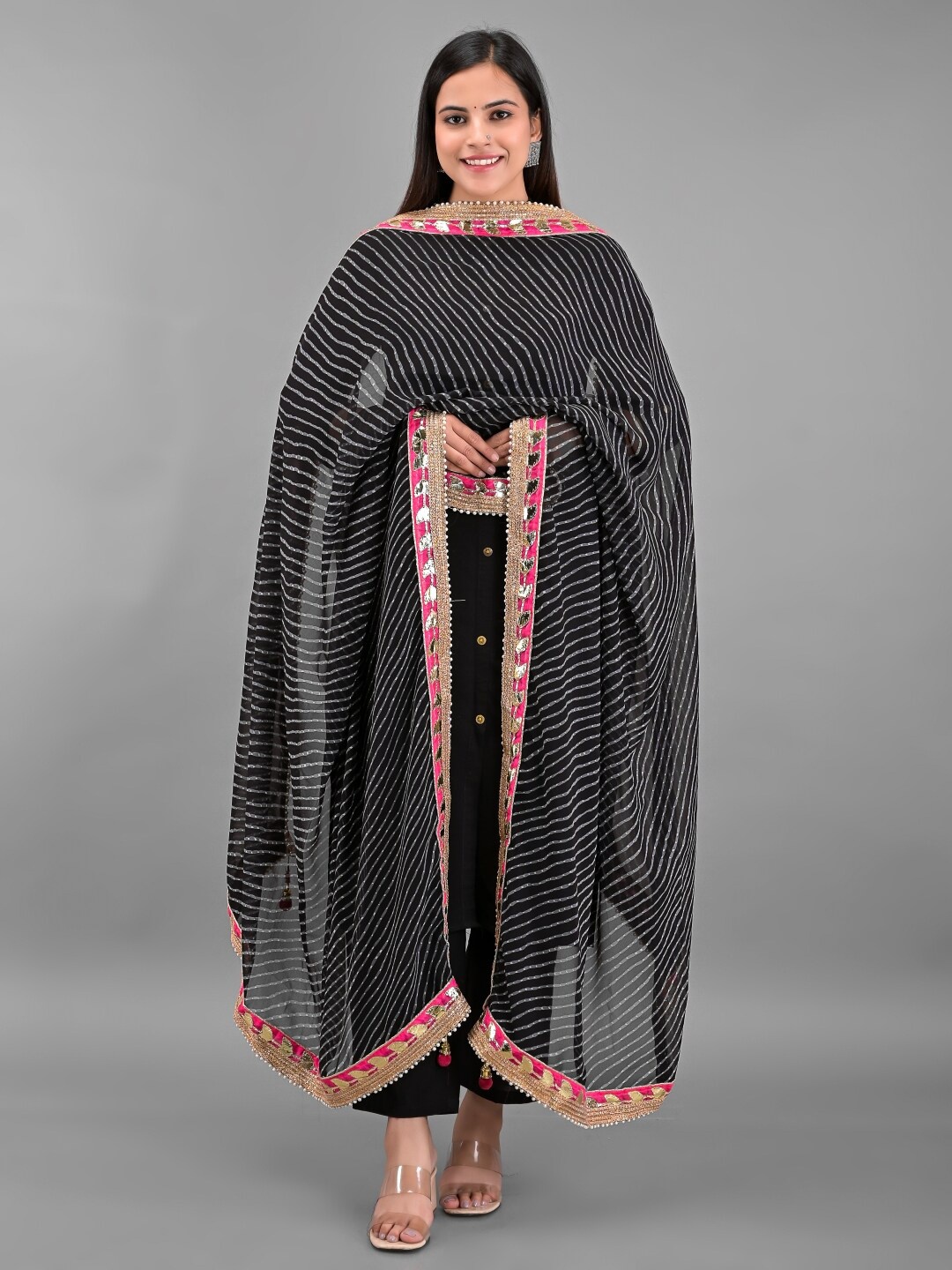 

Apratim Black & Pink Striped Leheriya Dupatta with Gotta Patti