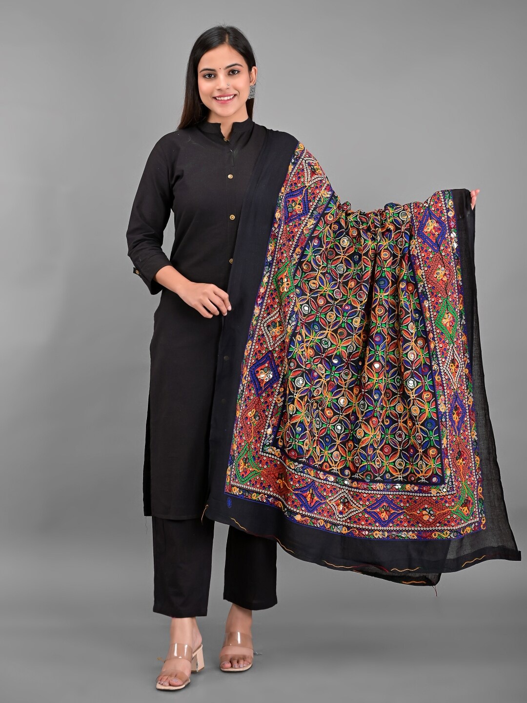 

Apratim Black & Red Ethnic Motifs Embroidered Dupatta with Mirror Work