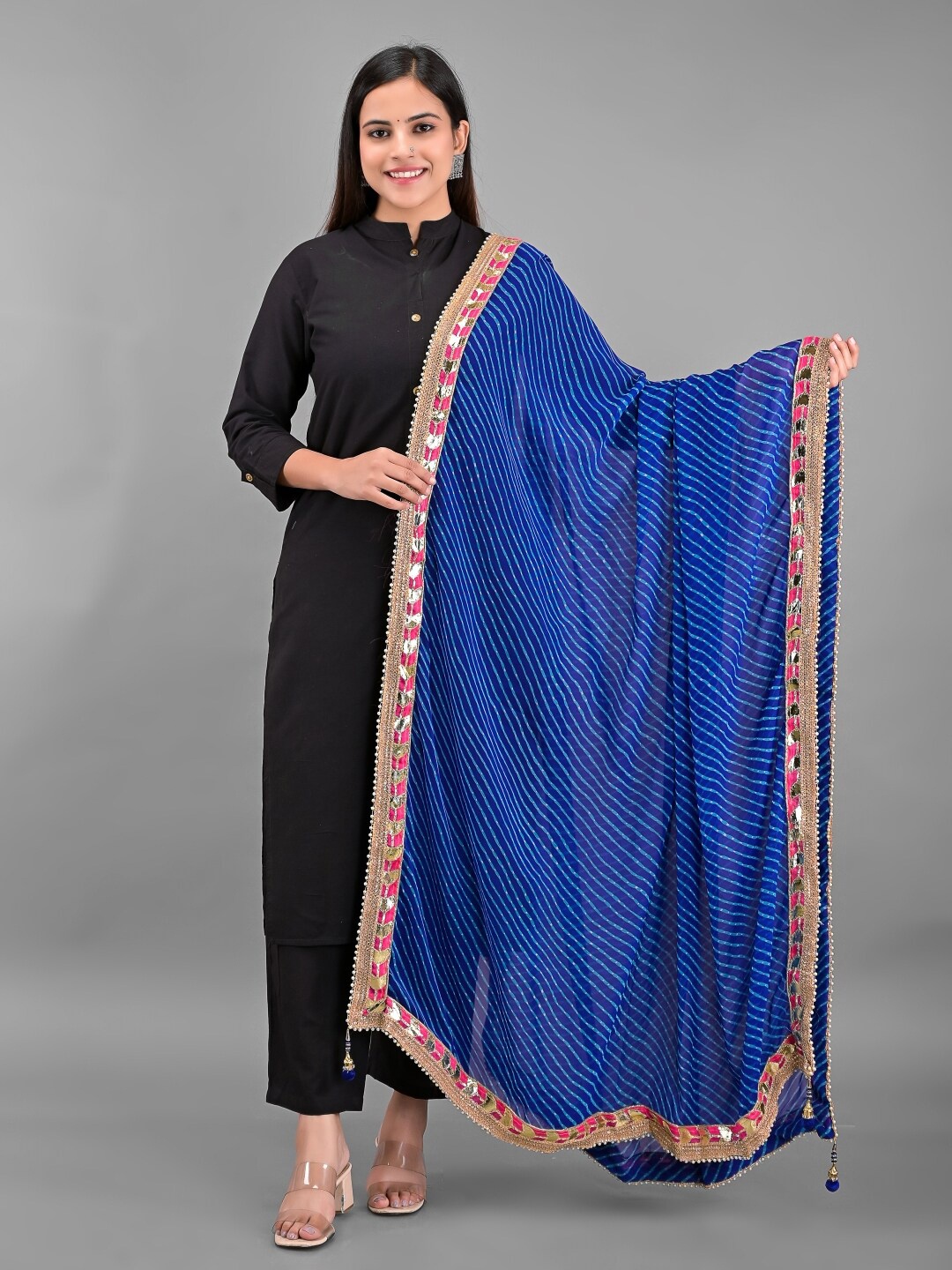 

Apratim Blue & Pink Striped Leheriya Dupatta with Gotta Patti