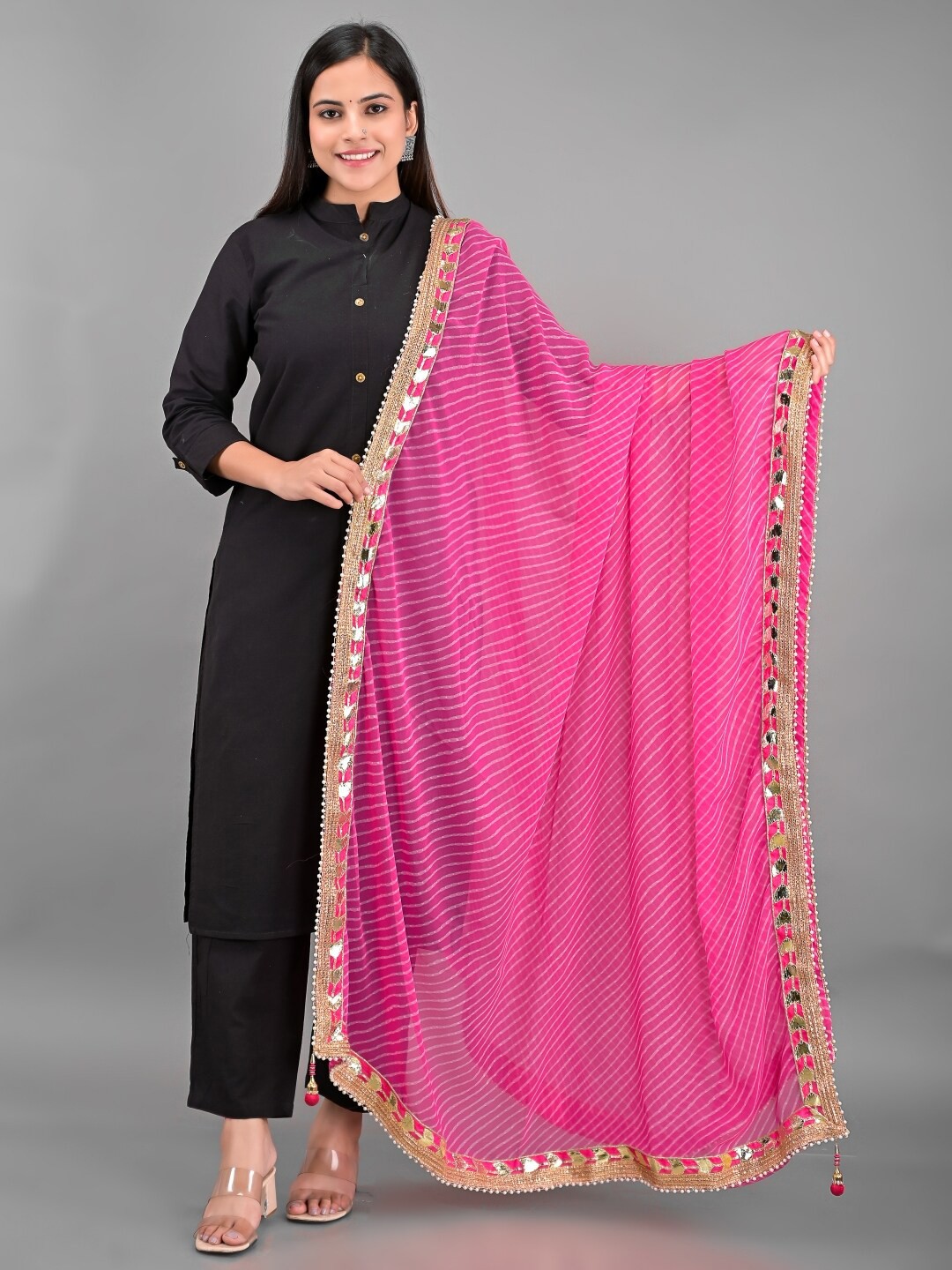 

Apratim Women Pink & White Striped Leheriya Poly Georgette Dupatta
