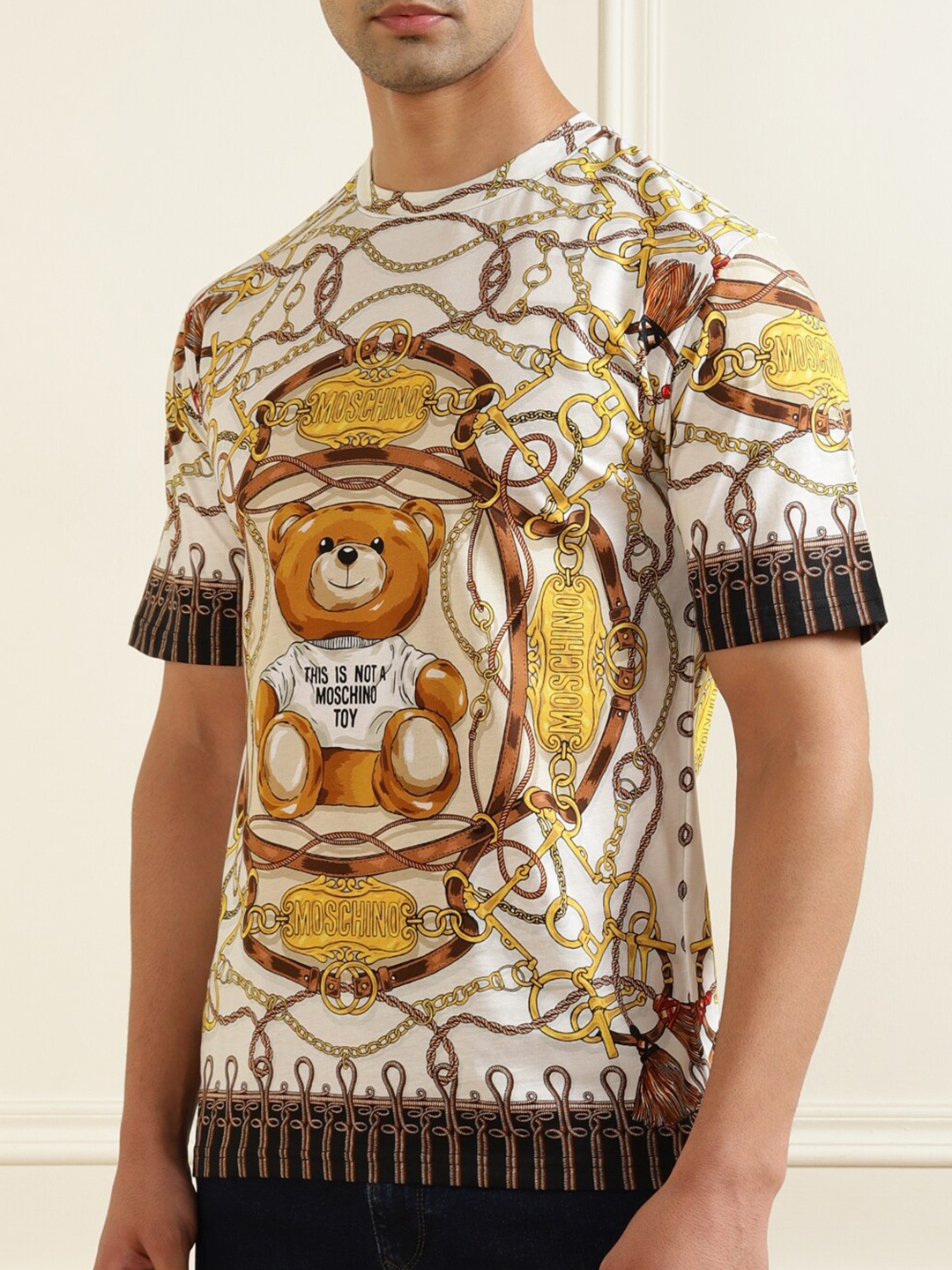 

MOSCHINO COUTURE Men White & Mustard Yellow Printed Pure Cotton T-shirt