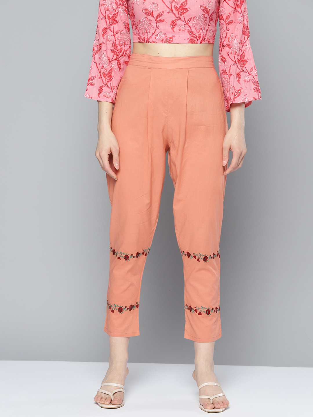 

HERE&NOW Women Peach-Coloured Floral Embroidered Palazzos