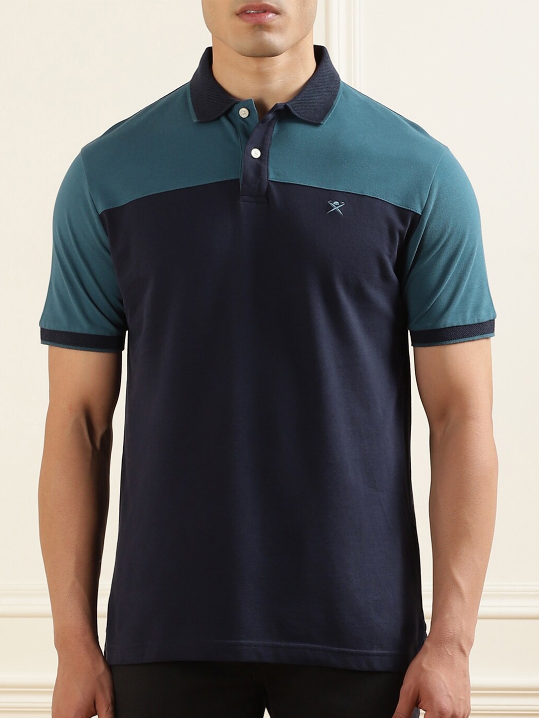 

HACKETT LONDON Men Navy Blue & Teal Colourblocked Polo Collar Cotton T-shirt