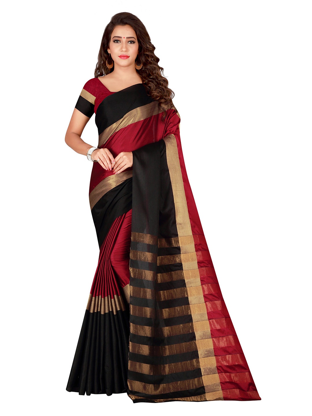 

KALINI Maroon & Black Striped Cotton Zari Saree