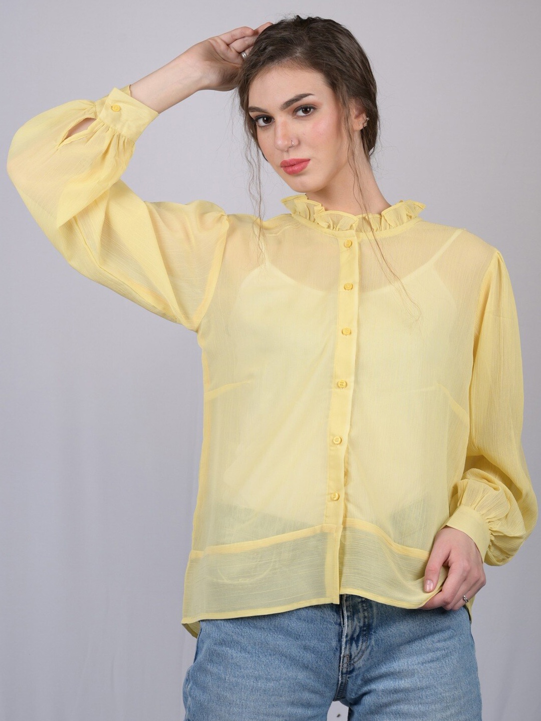 

OWO THE LABEL Women Yellow Solid High Neck Shirt Style Top