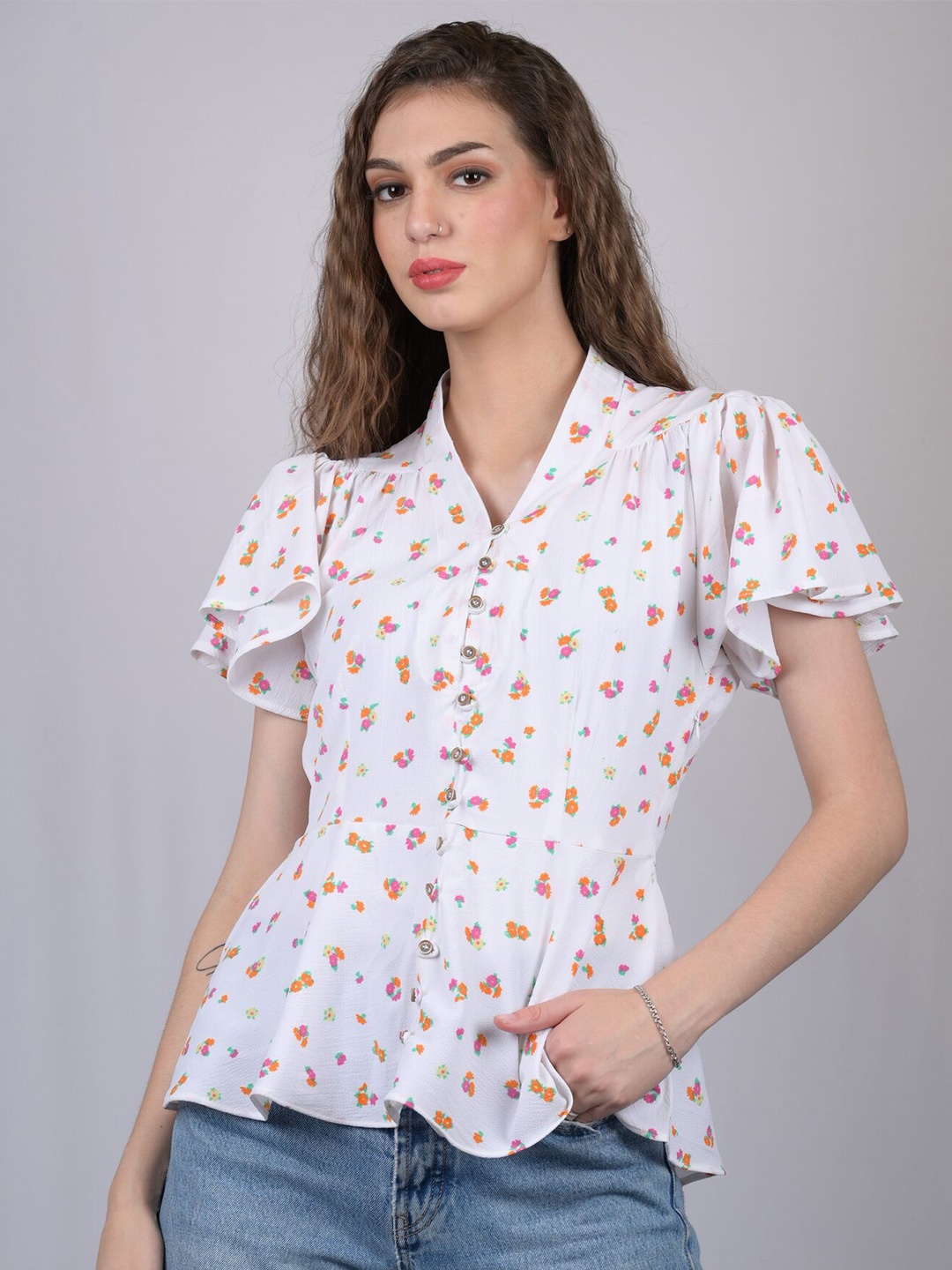 

OWO THE LABEL Women White & Orange Floral Printed Peplum Top