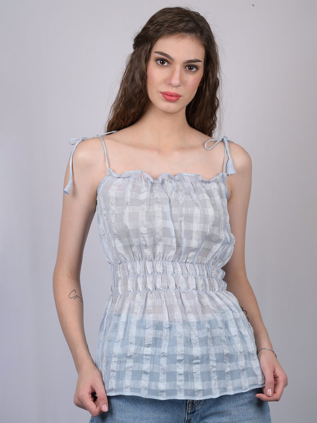

OWO THE LABEL Women Grey Checked Cinched Waist Top