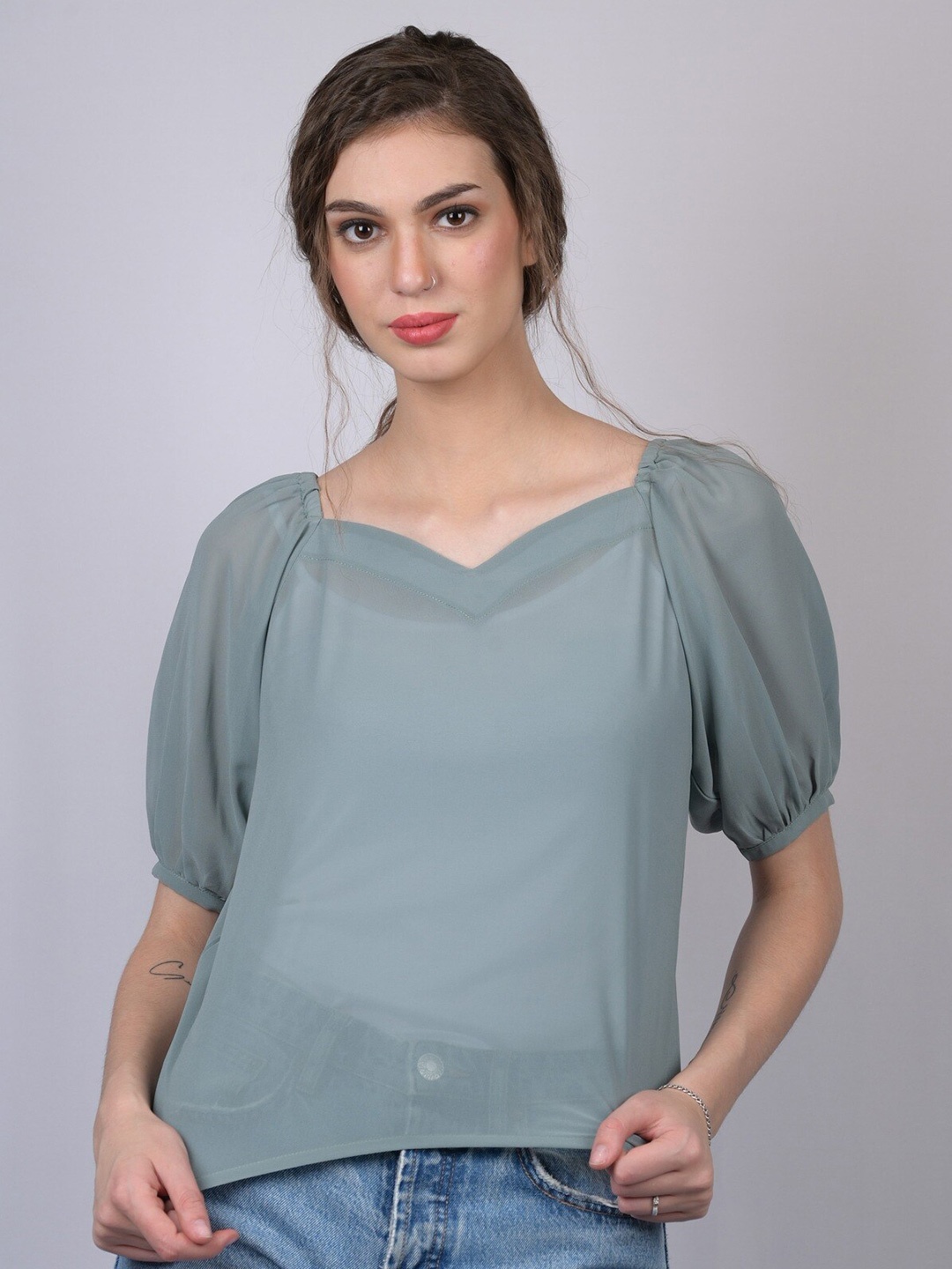 

OWO THE LABEL Green Sweetheart Neck Top