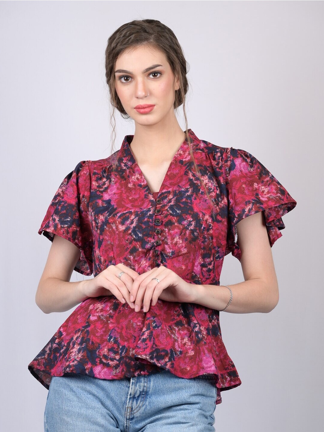 

OWO THE LABEL Red & White Floral Print Shirt Style Top