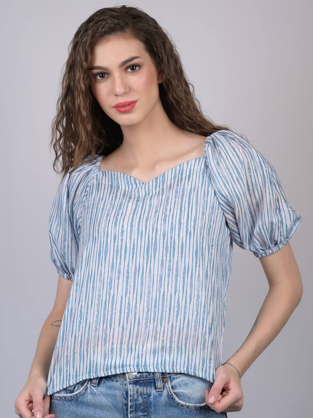 

OWO THE LABEL Blue & White Striped Top