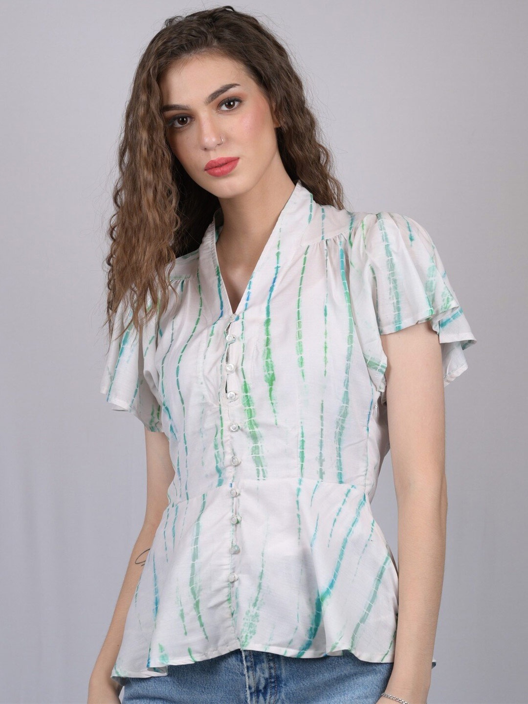 

OWO THE LABEL Women Off White & Green Tie and Dye Peplum Top
