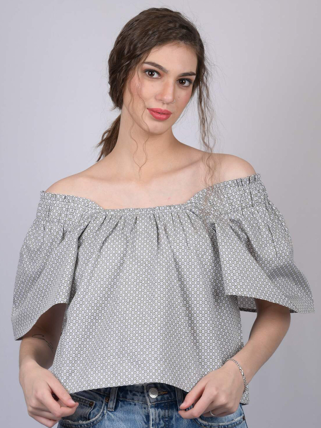 

OWO THE LABEL Grey Geometric Print Off-Shoulder Bardot Crop Top