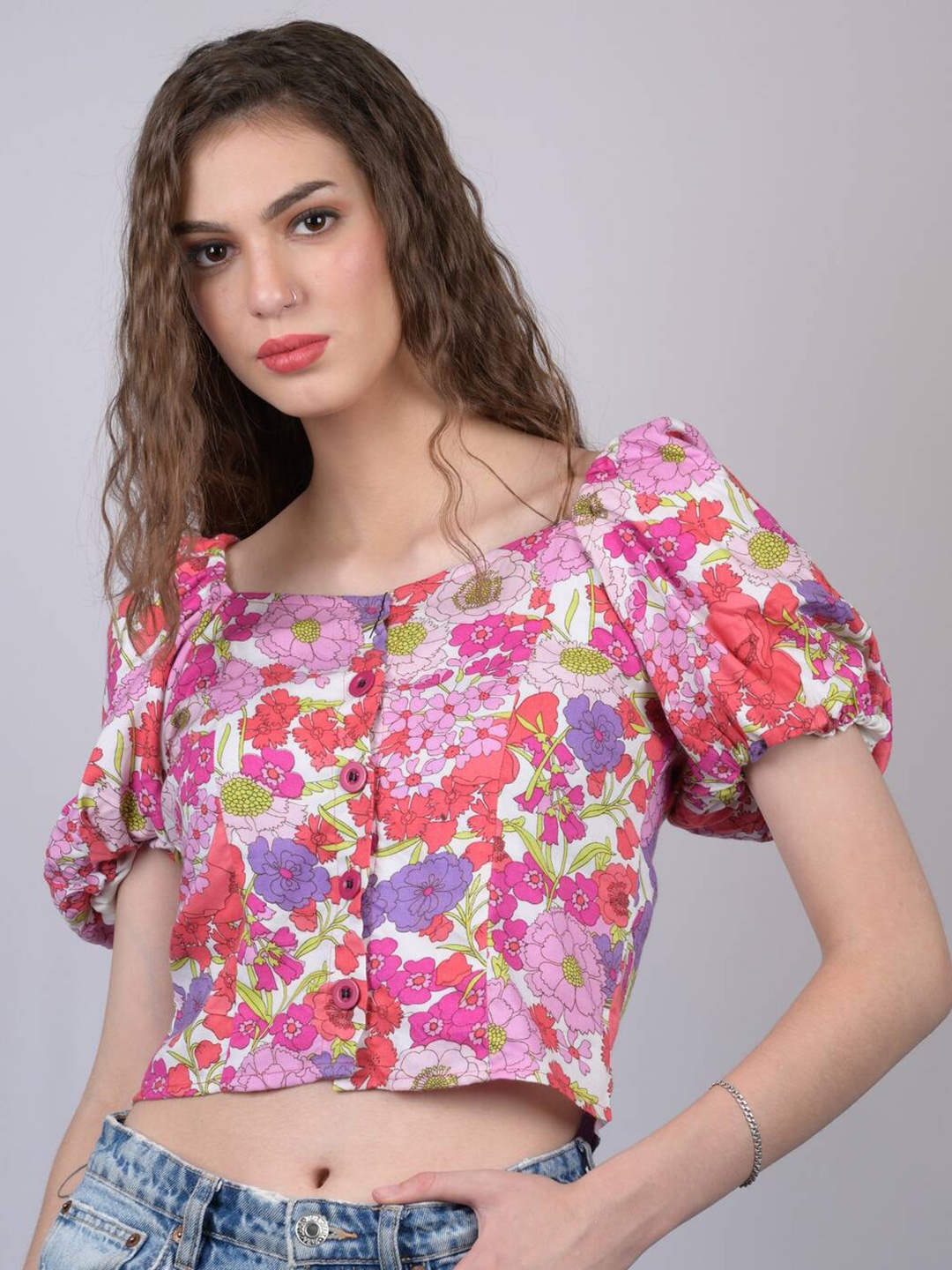 

OWO THE LABEL Pink & Red Floral Print Crop Top