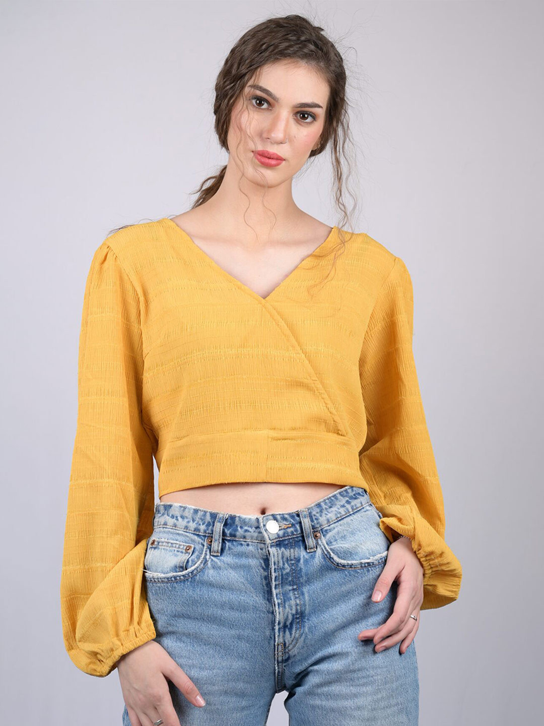 

OWO THE LABEL Yellow Solid Wrap Crop Top