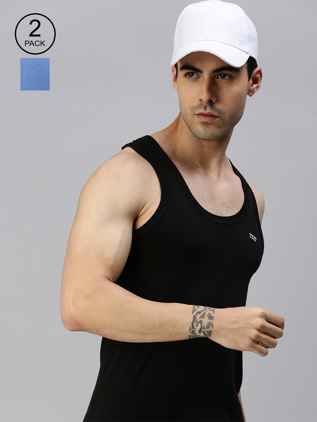 

Lux Cozi Men Pack of 2 Black & Blue Solid Organic Cotton Basic Innerwear Vests
