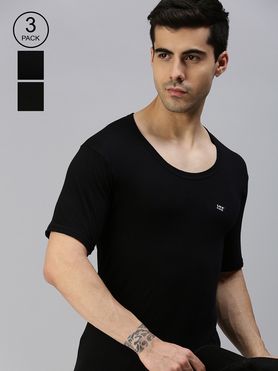 

Lux Cozi Men Pack Of 3 Black Solid Organic Cotton Innerwear Vests