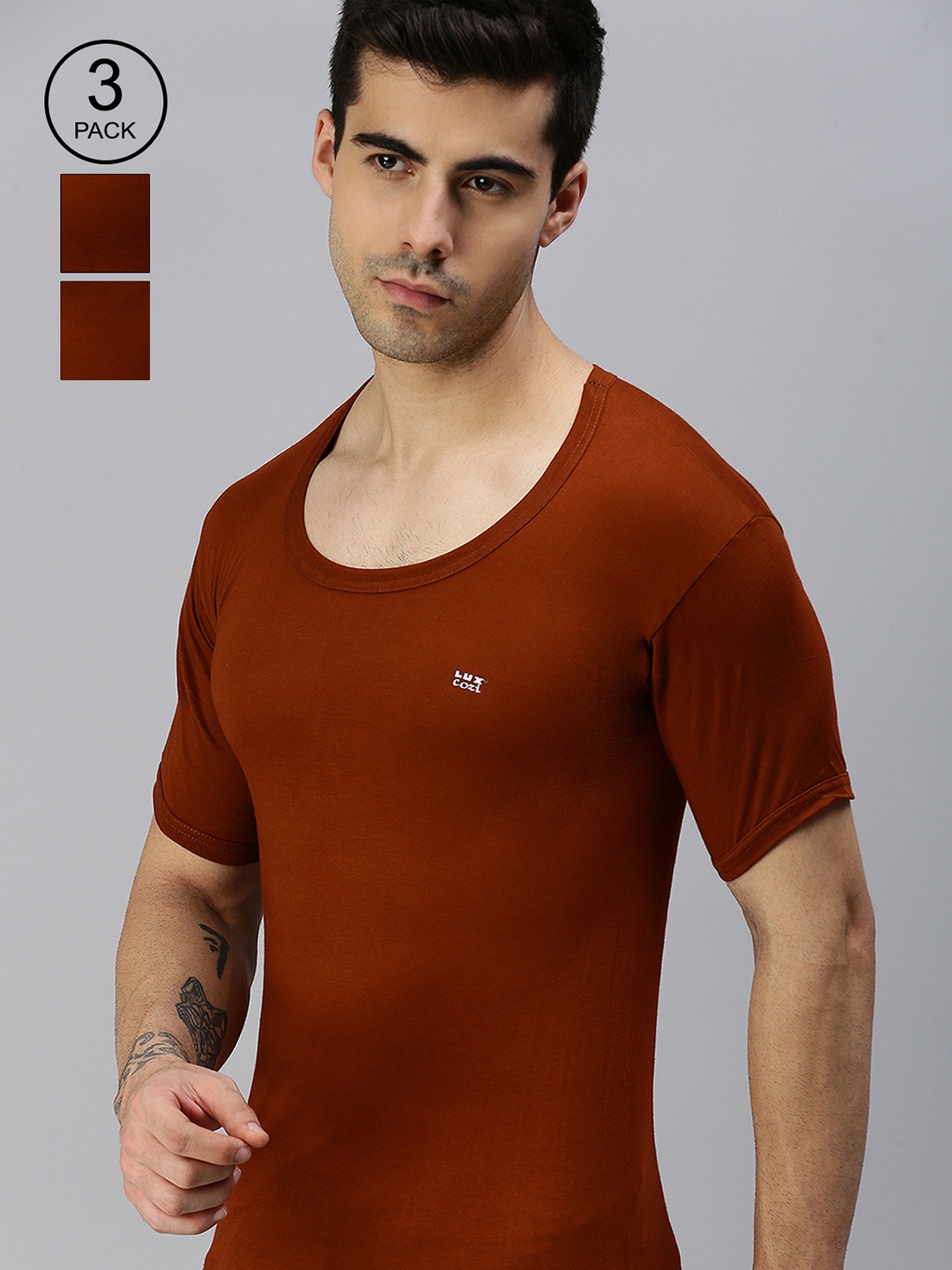 

Lux Cozi Men Set Of 3 Solid Pure Cotton Innerwear Basic Vests, Brown